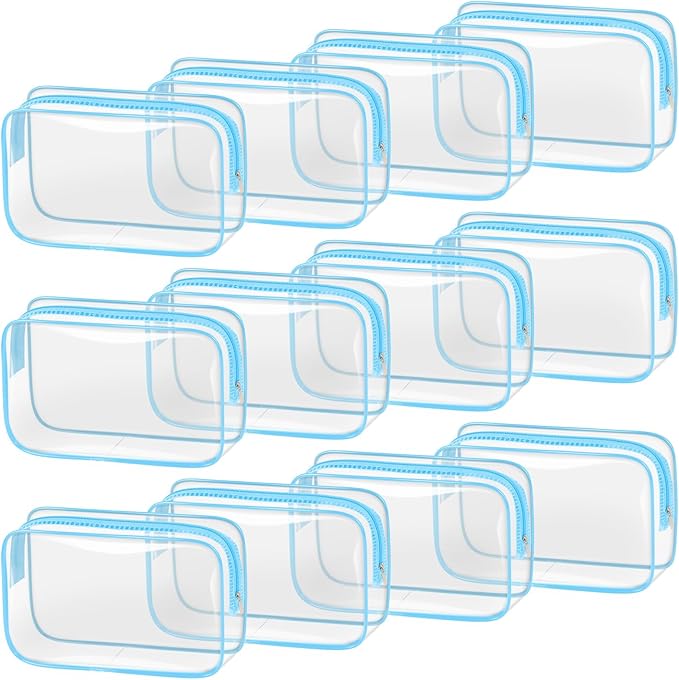 TISRATOK 12 PCS Clear Makeup Bag for Women with Zipper, TSA Approved Toiletry Pouch, Cosmetic Bag Bulk for Travel Organizer Essentials - Blue,Medium