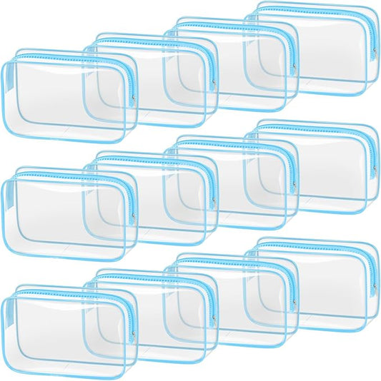 TISRATOK 12 PCS Clear Makeup Bag for Women with Zipper, TSA Approved Toiletry Pouch, Cosmetic Bag Bulk for Travel Organizer Essentials - Blue,Medium