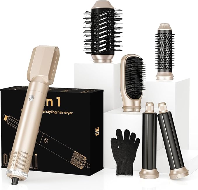 6 in ONE Hair Dryer Brush, Blow Dryer Curling Wand Hair Styling Tools Set, Ionic Hot Air Massage Oval Blowout, Left&Right Styler 100-120V