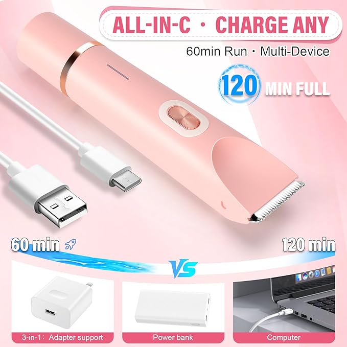 Women's Bikini Trimmer, 2-in-1 Electric Shaver for Bikini Line, Legs, Underarms, Face - Waterproof Women's Electric Shaver for Sensitive Skin, USB Rechargeable (Pink)