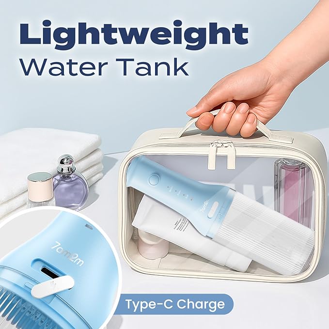 7AM2M Portable Cordless Water Flosser, Oral Irrigator with 3 Modes & 2 Tips, Fast Rechargeable, IPX7 Waterproof, Dental Water Flosser for Travel and Home Use (Light Blue)