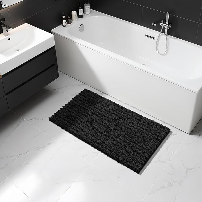 Yimobra Long Bathroom Rugs Non Slip Washable 44x24 Inch - Ultra Soft Absorbent Chenille Bath Mat, Quick Dry Shaggy Floor Carpet for Tub Shower, Black Home Decor Accessories