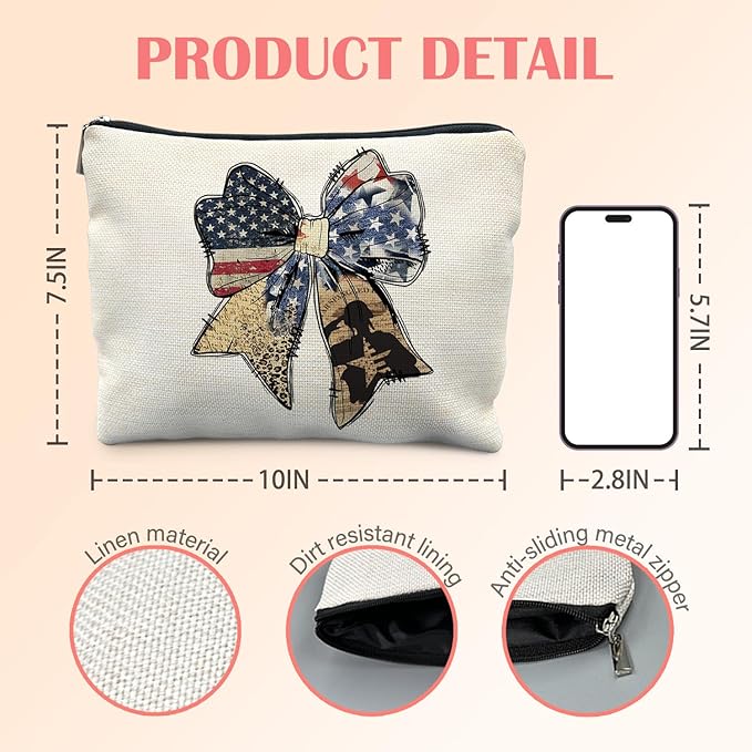 Retro American Flag Bow Makeup Bag for Women, Patriots Gifts for Women, Coquette Girly Patriotic Cosmetic Bag for Purse, American Flag Gifts Makeup Zipper Pouch