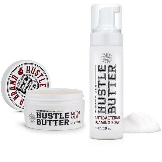 Hustle Butter Tattoo Soap & Aftercare Balm - Antibacterial Soap, Safe To Use While Healing, Vegan, No Petroleum - 5 Ounce Balm & 7 Ounce Tattoo Wash Kit