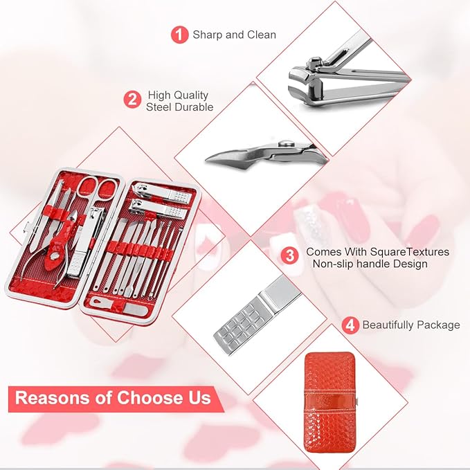 Yougai Manicure Set 18 in 1 Nail Clippers, Stainless Steel Professional Grooming Kits, Nail Care Tools Pedicure kit with Luxurious Travel Case