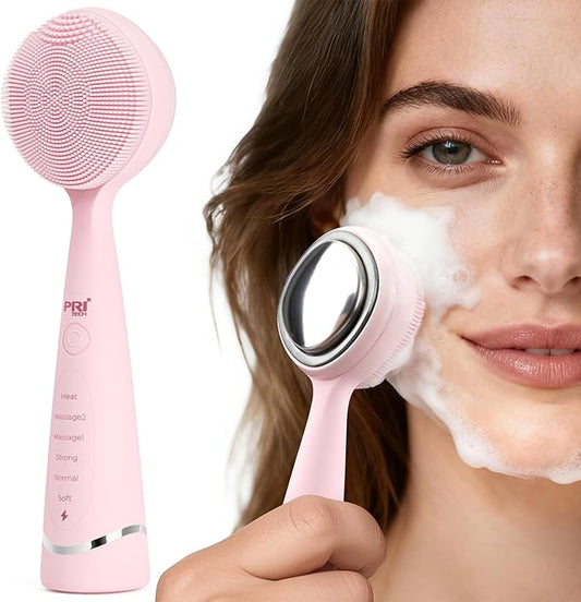 PRITECH Facial Cleansing Brush, Rechargeable Silicone Face Scrubber with Constant-Temperature Heating, Vibrating Exfoliator Scrubber for Deep Pore Cleaning, Waterproof Face Brush for Women & Men -Pink