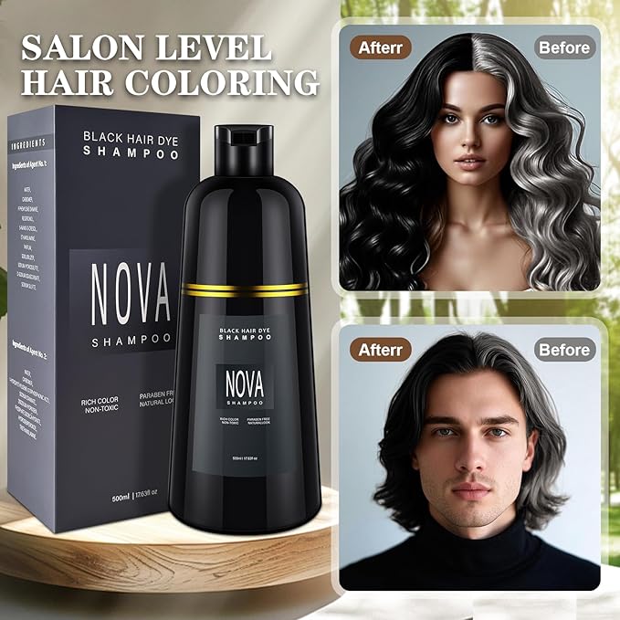 Hair Dye Shampoo & Champu Para Canas - Natural 3-in-1 Instant Gray Coverage for Men & Women (Black-500ml)