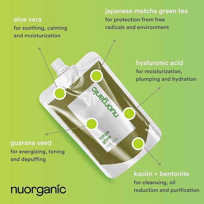 nuorganic Matcha Green Tea Clay Mask for Purifying Cleanse, Toning, Refreshing, Hydrating Skin - Squeezy Tube Stays Fresher for Longer - Clean, Natural, Organic Ingredients, 4.2 fl oz