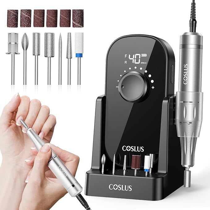 COSLUS Professional Rechargeable Electric Nail Drill 40000 RPM, Portable Nail File with Storage Stand for Acrylic Gel Polishing Removing - Easy to Use for Women, Manicure at Home DIY or Salon, Black