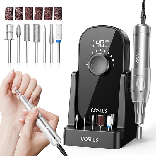 COSLUS Professional Rechargeable Electric Nail Drill 40000 RPM, Portable Nail File with Storage Stand for Acrylic Gel Polishing Removing - Easy to Use for Women, Manicure at Home DIY or Salon, Black