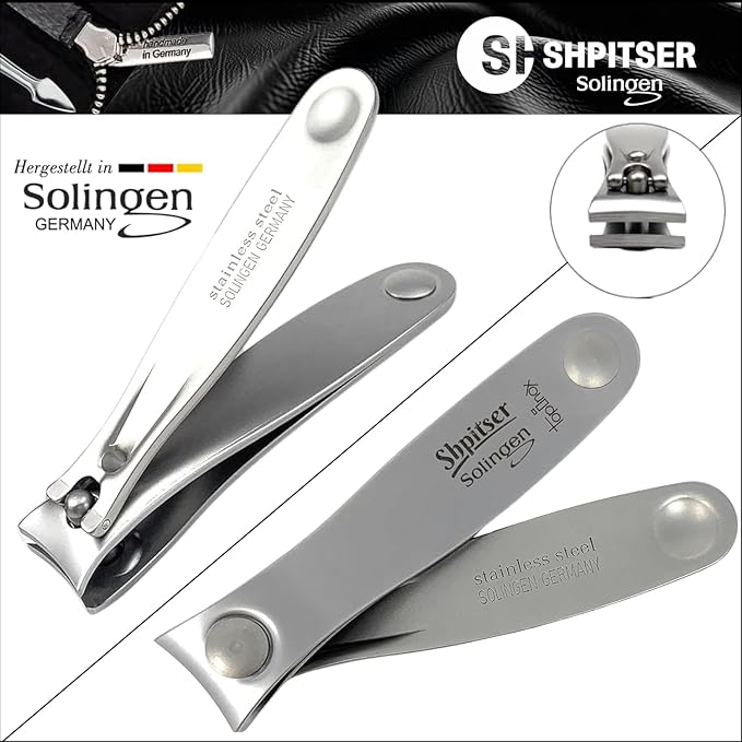 Shpitser Nail Kit, Manicure and Pedicure Women Set of 5 tools: Scissors, Clipper, Tweezers, Nail Cleaner, Nail File, Made in Solingen, Germany, Sturdy Stainless Steel, In Italian Leather Case