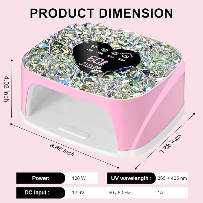 LIMEGIRL UV LED Nail Lamp Kit for Gel Polish Professional Fast Pink Diamond Design Curing Dryer Light Set with 4 Timers and Gloves Cordless Rechargeable Nail Art Cure Machine at Home and Salon