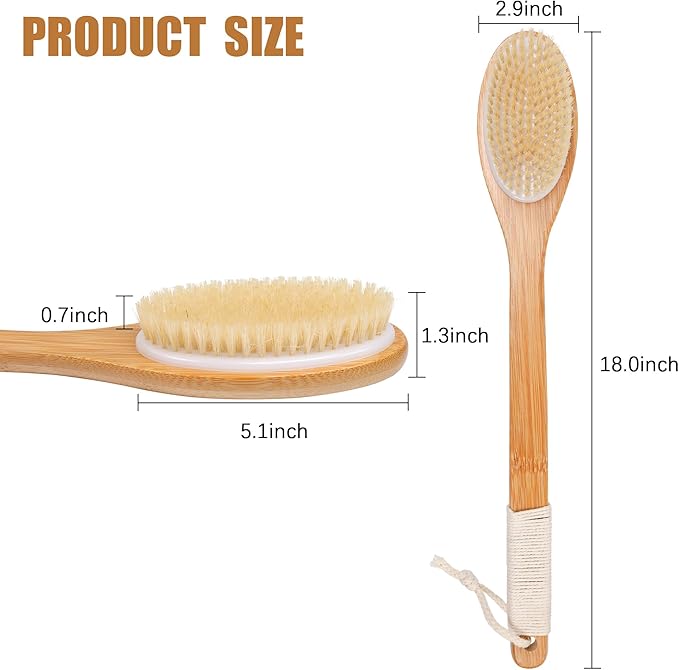 OWIIZI Bath Brush Bamboo Curved Long Handle Antiskid Body Brush for Exfoliating, Natural Bristles Shower Scrubber for Back Use Wet or Dry,Back Scrub Deep Cleanse-17.9inches