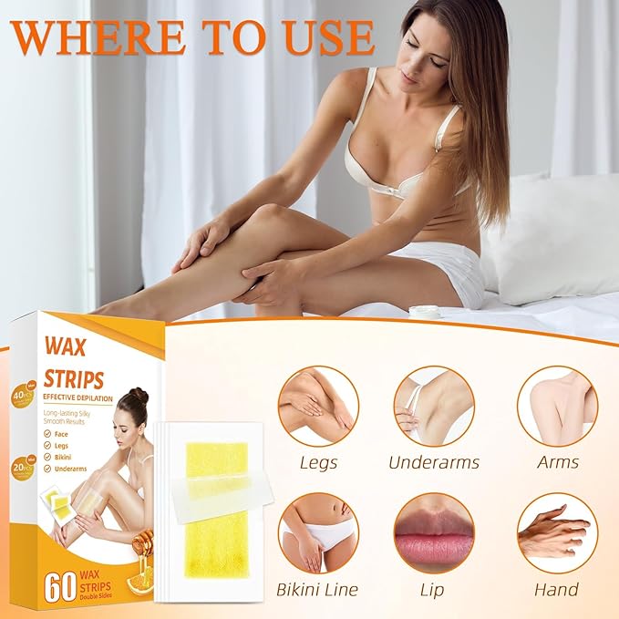 Wax Strips for Hair Removal, Waxing Kit For Women, 60 Pcs - 40 Body Wax Strips, 20 Pcs for Face, 6 Cleansing Oil Towelettes Suitable for Face/Legs/Underarms/Bikini