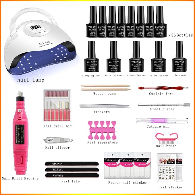 NAIL POLISH KIT with U V Lamp and Drill Starter Kit 36 Colors Gel Nail Polish Nail Art Gel Manicure Kit