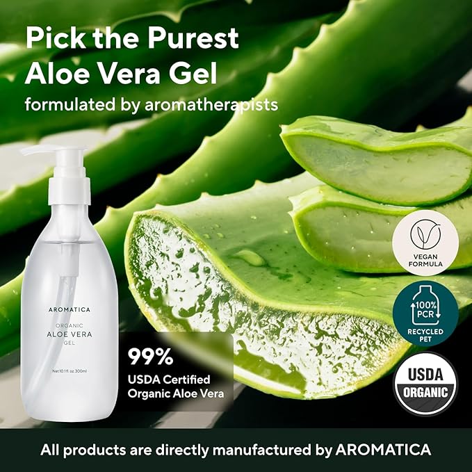 AROMATICA Organic Aloe Vera Gel (2 packs), After Sun Care and Sunburn Relief with Pure Aloe Vera Gel Face&Hair, Sun Burn Moisturizer EWG Verified (10.14oz/300ml)