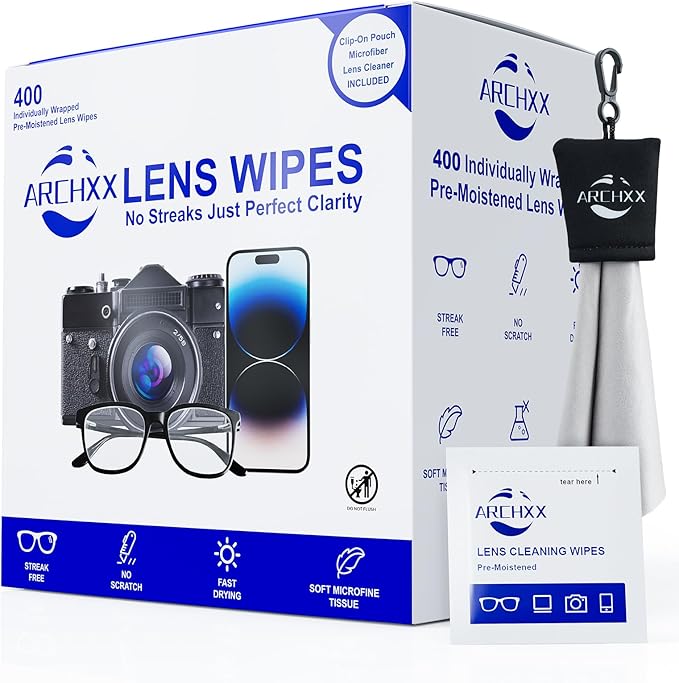 400 Count Lens Wipes for Eyeglasses, +1 Clip-On Pouch Microfiber Lens Cleaner, Individually Wrapped Pre-Moistened Eye Glasses Cleaner Wipes for Glasses, Sunglasses, Camera Lenses, Streak-Free