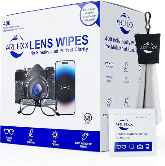 400 Count Lens Wipes for Eyeglasses, +1 Clip-On Pouch Microfiber Lens Cleaner, Individually Wrapped Pre-Moistened Eye Glasses Cleaner Wipes for Glasses, Sunglasses, Camera Lenses, Streak-Free
