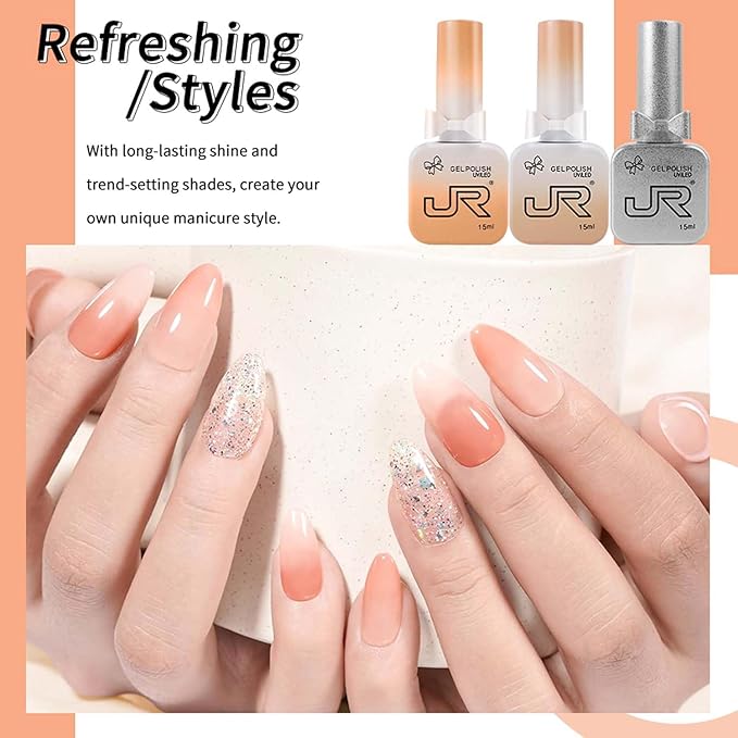 JR 9pcs 15ml Gel Polish Set Black Milky White Nude Pink Glitter Color Jelly Gel Polish Kit UV LED Soak Off Polish Nail Art Manicure Salon DIY Home