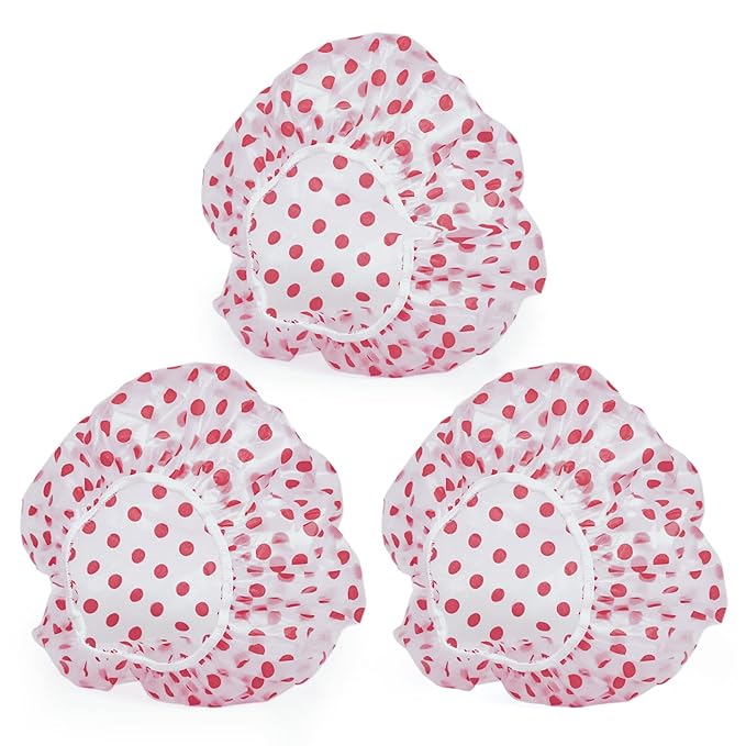 3PCS Shower Caps, Elastic Reusable Waterproof Plastic Shower Cap for Women Ladies Spa Salon Red