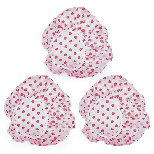 3PCS Shower Caps, Elastic Reusable Waterproof Plastic Shower Cap for Women Ladies Spa Salon Red