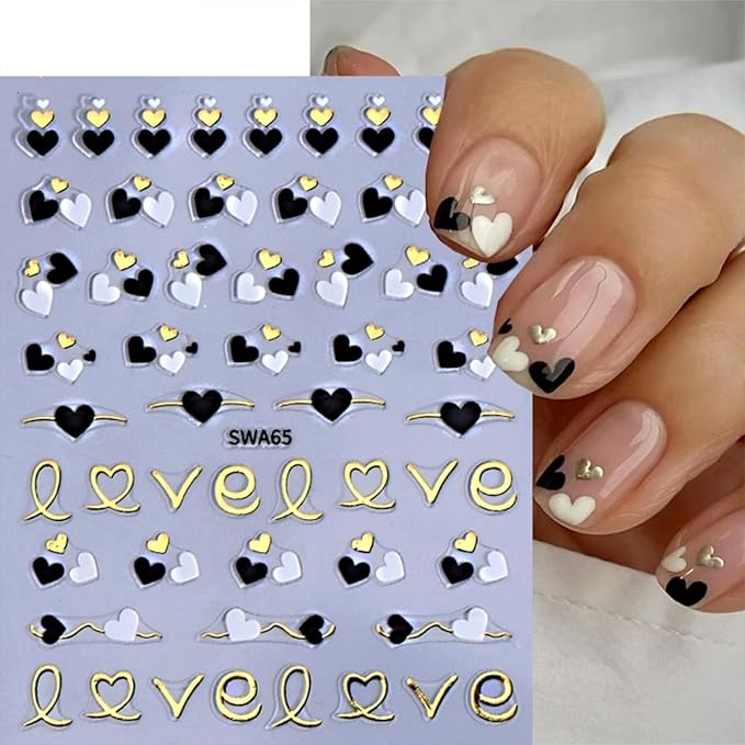 8 Sheets Valentine's Day Nail Stickers for Nail Art 3D Self Adhesive Heart Nail Art Stickers Black White Pink Valentine's Day Nail Decals Heart Nail Design Valentine's Day Nail Art Supplies for Women
