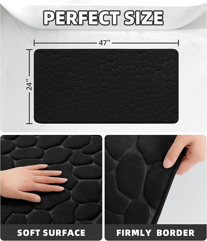 YIHOUSE Memory Foam Runner Rug, Cobblestone Bathroom Runner Rugs Super Water Absorbent Bath Mats for Bathroom Machine Washable Bath Rugs for Hallway Bedroom Laundry Room(24 x 47,Black)