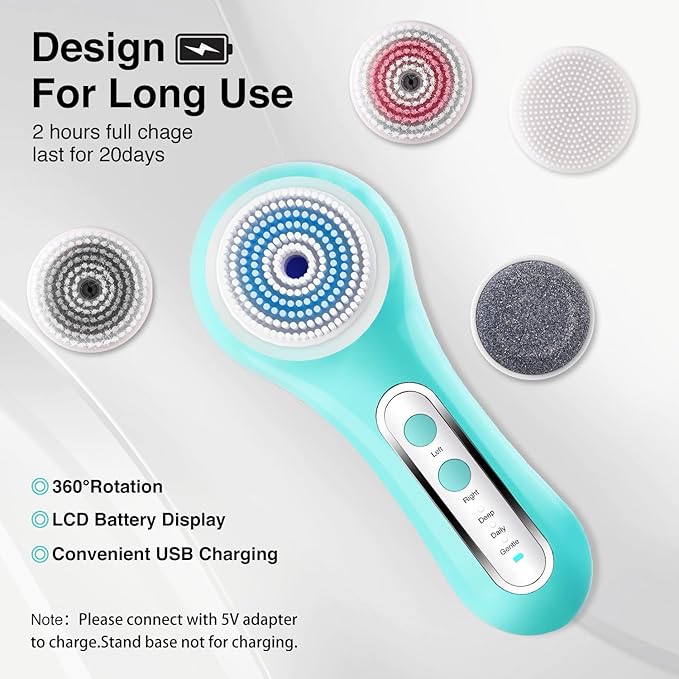 Face Scrubber Exfoliator, Rechargeable Facial Cleansing Brush with 2-Way Rotation & 3 Modes, 30-Day Runtime, 5 Brush Heads for SPA-Level Care, IPX7 Waterproof, Deep Cleaning for All Skin Types