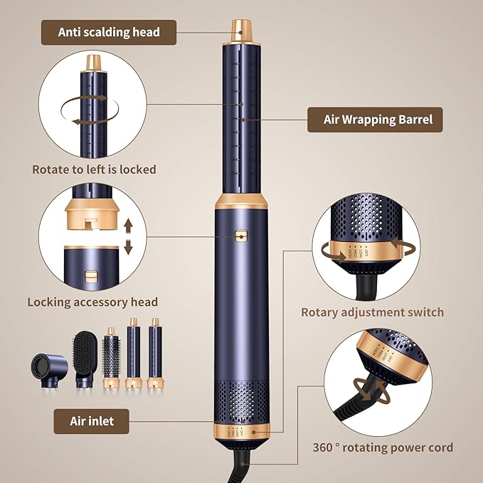 5 in 1 Hair Dryer Brush, Negative Ion Air Styler Wrap Hair Styler Upgrade Blow Dryer Brush Air Curler for Hair, Blowout Brush Set As A Gift for Straight/Curl/Drying/Smoothing