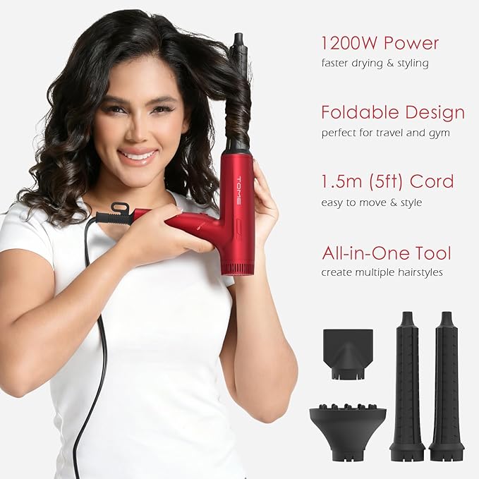 TOME 1200W Hair Dryer Travel Dual Voltage 120V/240V Foldable Blow Dryer with Diffuser Comb Nozzle Storage Bag Universal Power Adapter (Red)