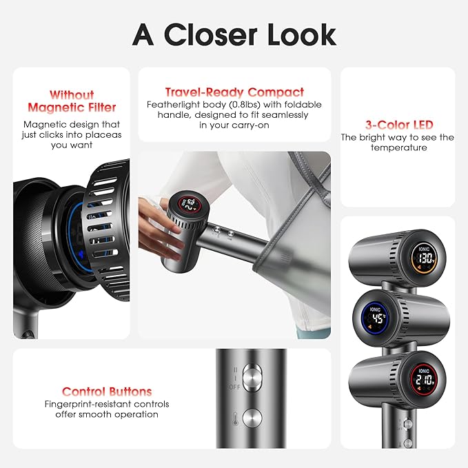 Hair Dryer with Magnetic Diffuser Attachments, Professional High Speed Ionic Blow Dryer for Fast Drying,9 Heat & 2 Speed Settings,Auto Clean and Cool Shot,Compact Hair Blow Dryer for Travel,Salon,Home