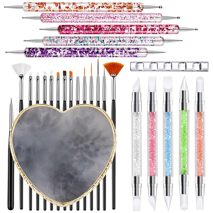 Nail Art Tools 27Pcs Set,Nail Art Brush,Resin Nail Art Palette,5 Pcs Nail Art Sculpture Pen,2-way Acrylic Silicone Engraving Pen Dotting Pen Tools Nail Art Kit for Nail Art DIY