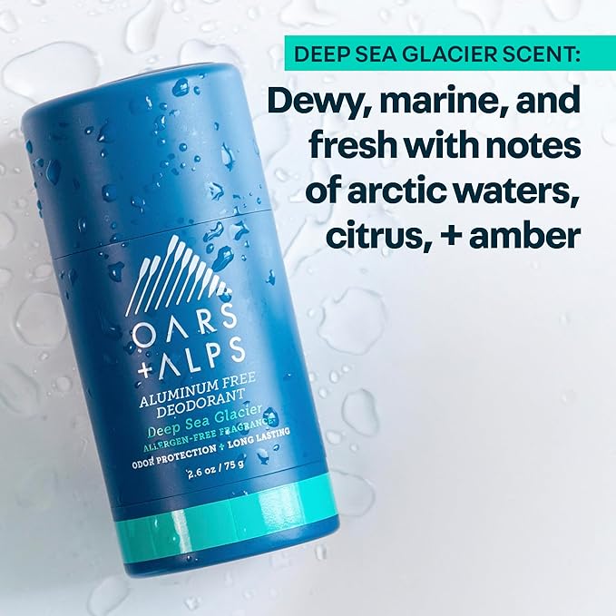 Oars + Alps Deodorant for Men & Women, Aluminum Free Deodorant for Men, Dermatologist Tested, Clean Ingredients, Non Toxic, Vegan, Long Lasting, Deep Sea Glacier, 1pk, 2.6oz