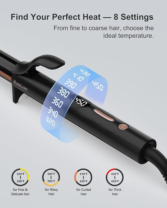 1 Inch Curling Iron, Titanium Ceramic Hair Curler, Fast Heating Curling Wand with 8 Heat Settings with LED Display for All Hair Types Dual Voltage 110-240V for Travel