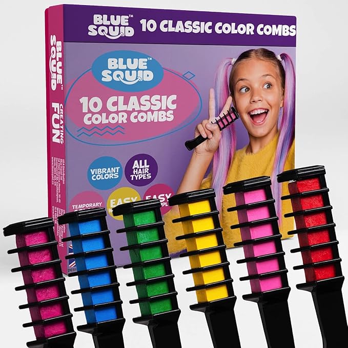 Blue Squid Hair Chalk Comb - 10 Vibrant Temporary Hair Colors for Girls & Teens, Washable Hair Dye, Perfect for Parties, Cosplay, Halloween, Paraben Free, Suitable for All Hair Colors