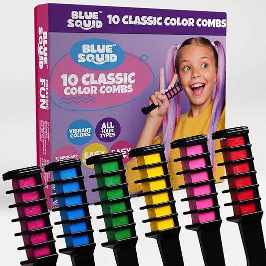 Blue Squid Hair Chalk Comb - 10 Vibrant Temporary Hair Colors for Girls & Teens, Washable Hair Dye, Perfect for Parties, Cosplay, Halloween, Paraben Free, Suitable for All Hair Colors