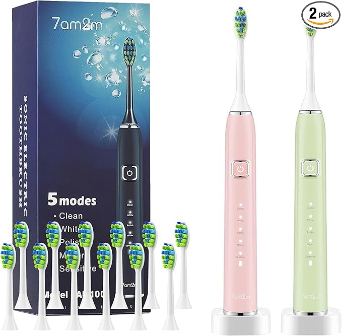 7AM2M Electric Toothbrush 2 Pack Set for Kids and Adults, 12 Brush Heads,5 Adjustable Modes, Built-in 2-Minute Smart Timer, Wireless Fast Charge for 60 Days,IPX7Waterproof SonicToothbrush(Green+Pink)