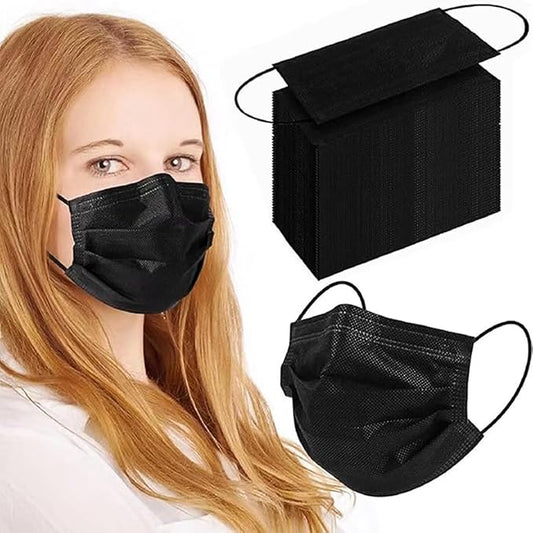 100Pcs Black Disposable Face Mask, 3 Ply Black Face Masks with Soft Elastic Ear loops