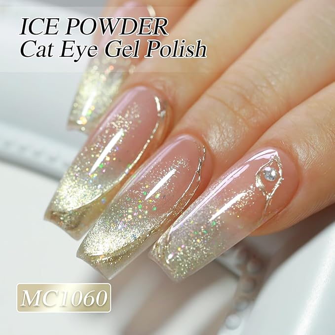 Double Rhythm 0.5 OZ Cat Eye Gel Polish with Magnet 15ML Holographic Glitter Shimmer Translucent Jelly Color Magnetic Nail Polish Salon DIY at Home (MC1060)