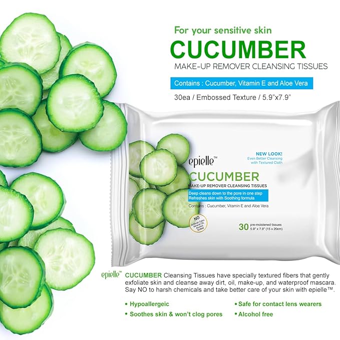 Epielle Cucumber Makeup Remover Wipes, Gentle Daily Facial Cleanser Towelettes, Remove Dirt, Oil & Waterproof Mascara, Stocking Stuffers, Thanksgiving Essentials, 30 Count (Pack of 6)