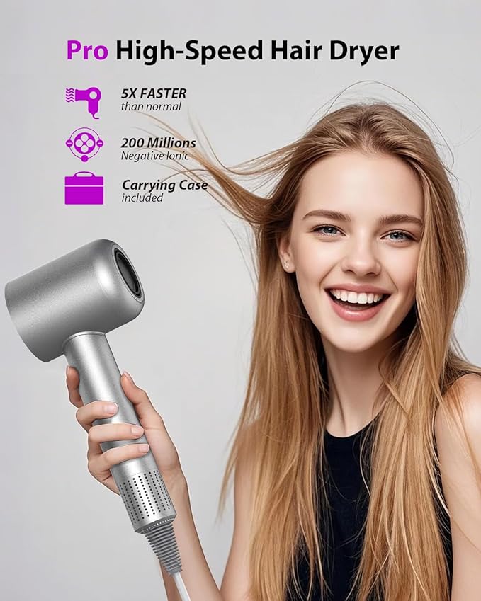 Hair Dryer with Carry Case, 160000 RPM Professional High-Speed Ionic Blow Dryer 200 Millions Negative Ionic & 3 Speeds & 3 Temps & Low Noise, Hairdryer with Diffuser for Faster Drying, Gray