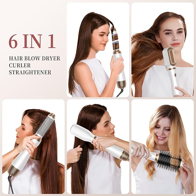 6 in 1 Hair Dryer Brush, Upgrade Detachable Blow Dryer Air Styler Wrap Curler, Hot Air Brush Curly Twist Curling Iron, Negative Ion Blow Dryer Hot Styler, Travel Hair Styling Tool
