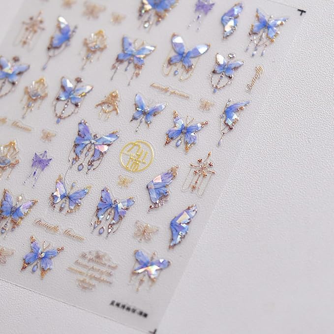 Butterfly Nail Art Stickers Decals 5D Butterfly Nail Stickers Blue Seashell Shinny Butterfly Nails Design 5D Embossed Nail Decals Butterfly Stickers for Women Girl DIY Manicure Nail Art Decorations