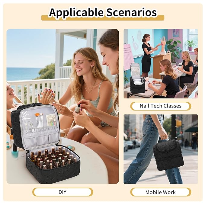 CUBETASTIC Nail Polish Organizer, Cute Nail Tech Organizers And Storage Bag Holds 45 Bottles & UV Nail Lamp, Compact Double-Layer Travel Nail Supplies Case for Nail Kit (Triangle Black, 27 Slots)