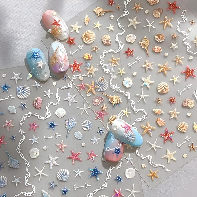 2 Sheets Starfish Nail Stickers for Nail Art 5D Embossed Ocean Nail Decals Summer Nail Stickers Colorful Nail Art Supplies Design Accessories for Women Acrylic Manicure DIY Decoration