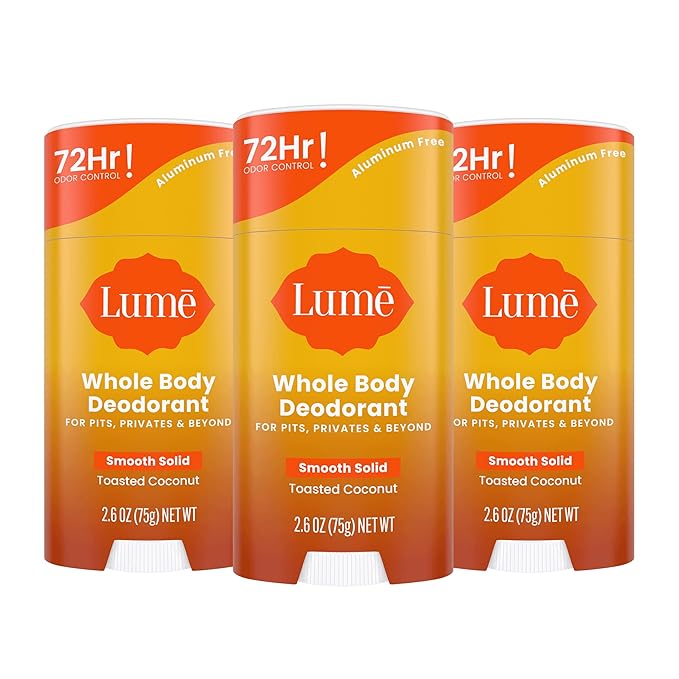 Lume Whole Body Deodorant - Smooth Solid Stick - 72 Hour Odor Control - Aluminum Free, Baking Soda Free and Skin Loving - 2.6 Ounce (Pack of 3) (Toasted Coconut)