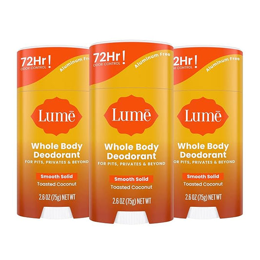 Lume Whole Body Deodorant - Smooth Solid Stick - 72 Hour Odor Control - Aluminum Free, Baking Soda Free and Skin Loving - 2.6 Ounce (Pack of 3) (Toasted Coconut)