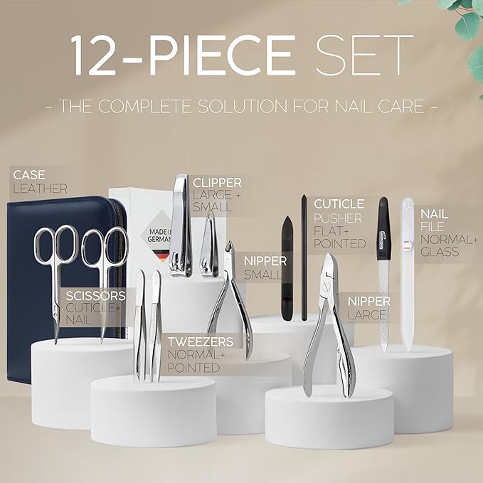 Manicure Set Women and Men – 12-Piece Professional Grooming Kit with Premium Tools, Genuine Leather Case, and exclusive Glass Nail File for Hand & Foot Care, German Quality