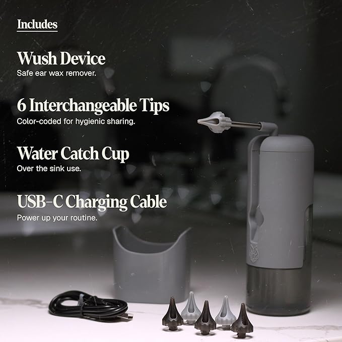 Wush Pro by Black Wolf - The Original Deluxe Water Powered Ear Cleaner with 6 Reusable Replacement Tips by Black Wolf - Safe & Effective for Ear Wax Buildup - Electric Ear Wax Removal Kit (Grey)