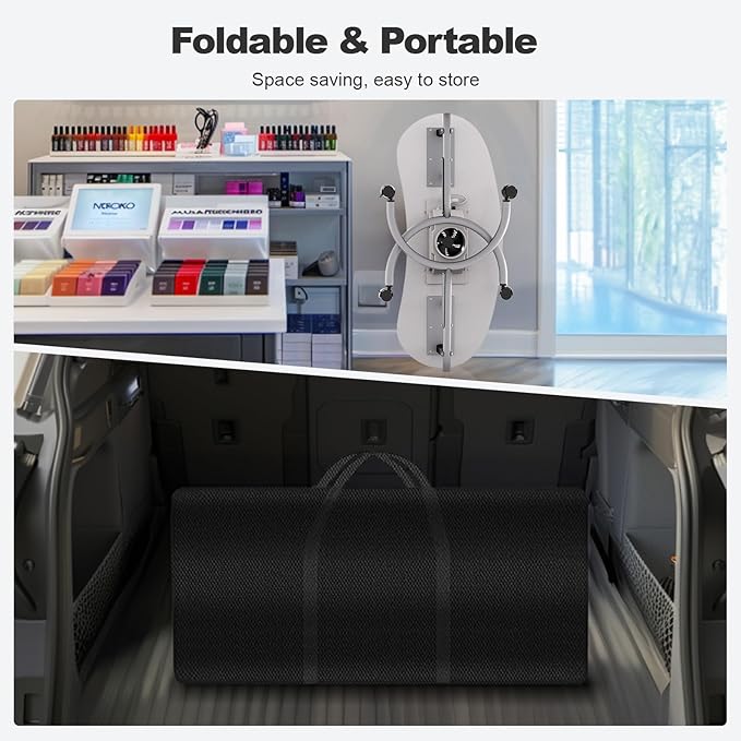 Portable Nail Table for Nail Tech on Wheels, Foldable Professional Manicure Table Travel Nail Desk with LED Lamp/Dust Collector/3 Dust Bags/Wrist Cushion/Storage Bag, White